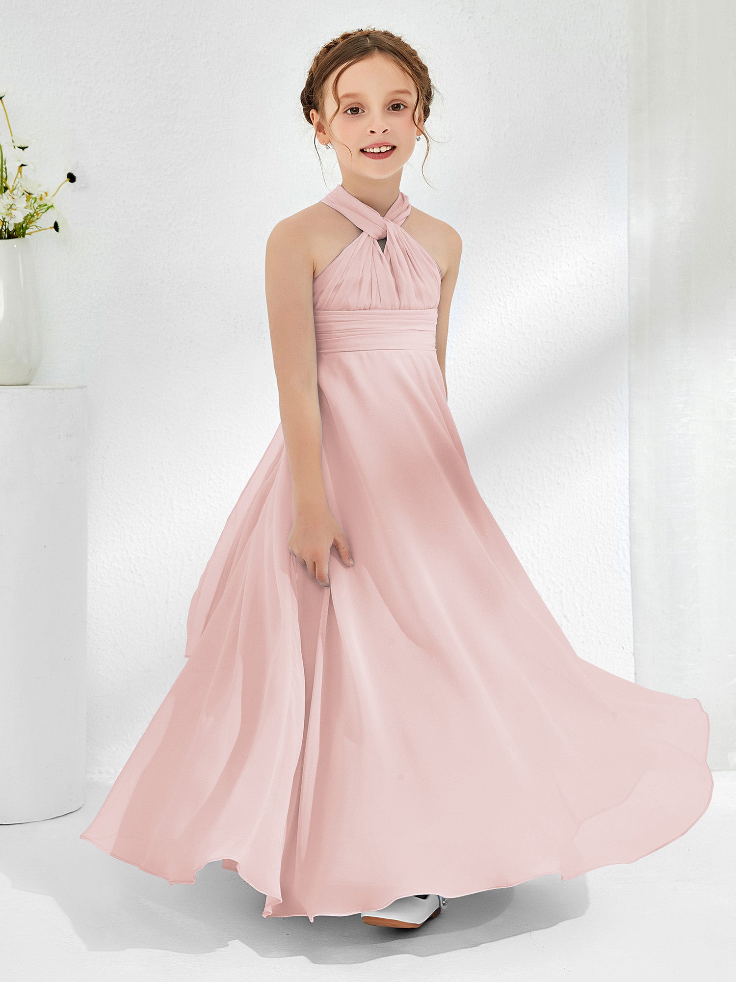 Halter Neckline Chiffon Junior Bridesmaid Dresses Dusty Rose